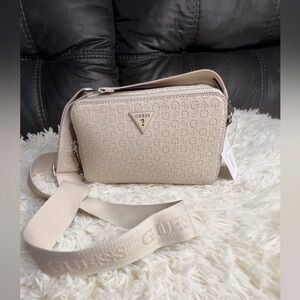 GUESS Beige Embossed Logo Crossbody Bag with Branded Strap